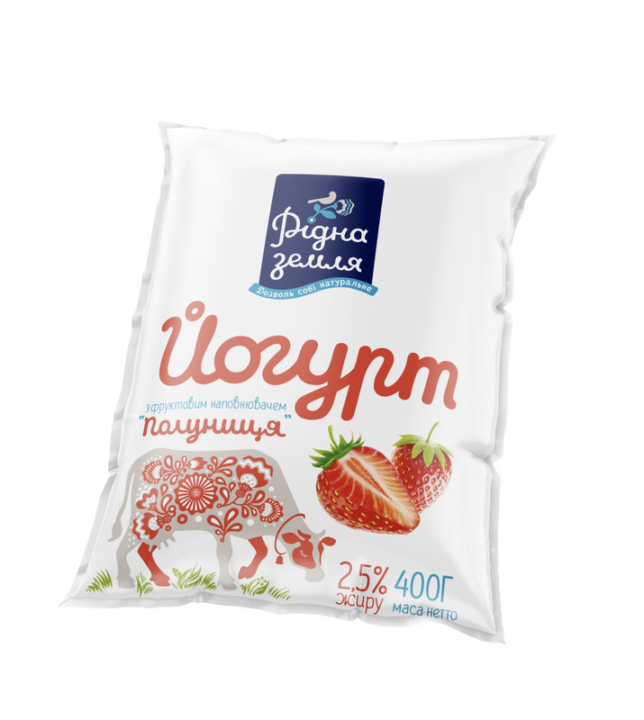 Йогурт РІДНА ЗЕМЛЯ з фруктовим наповнювачем "Полуниця" 2,5% 400г